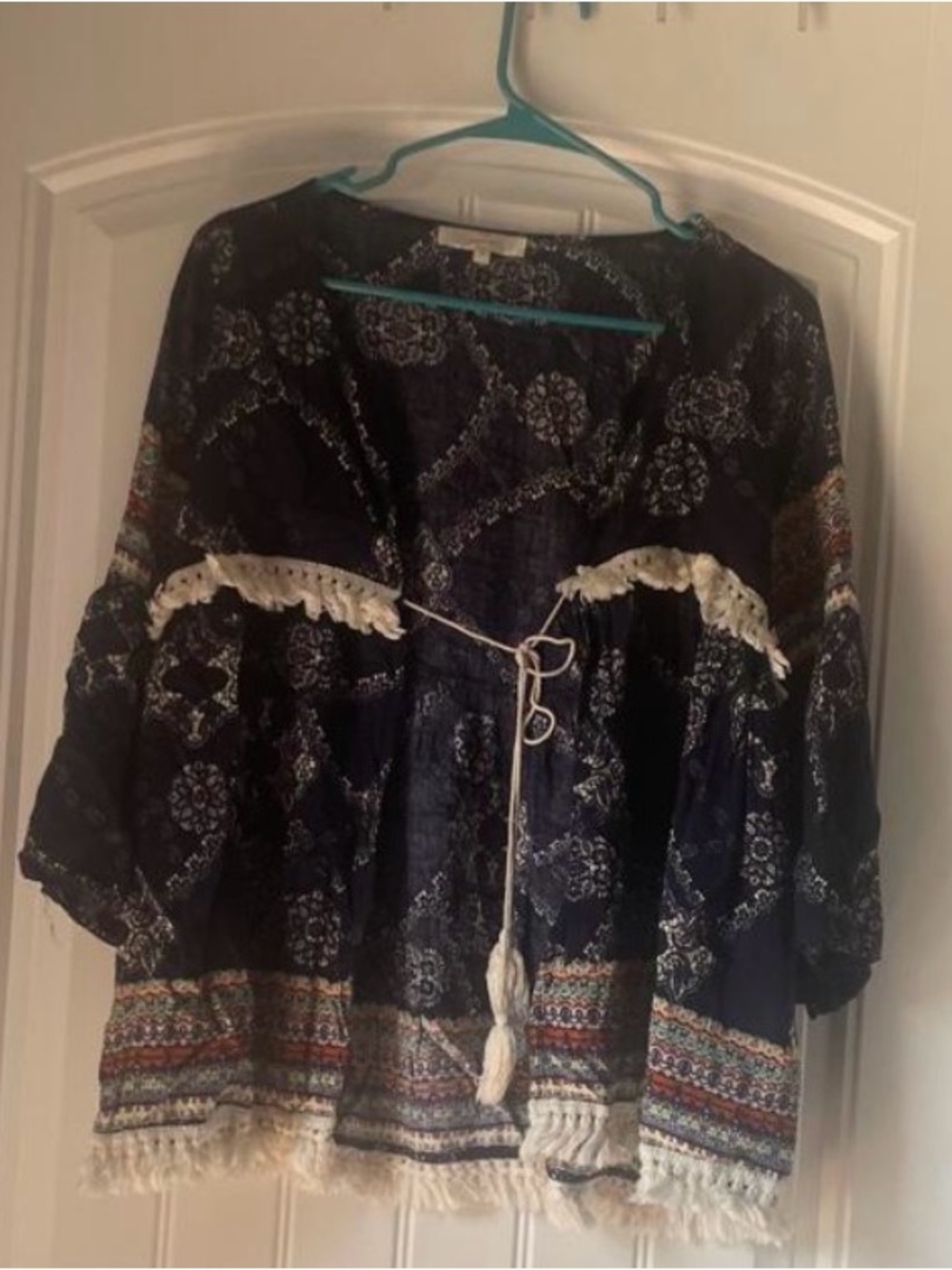 entro Navy Printed Boho Tie-Front Tunic with Tassel Trim